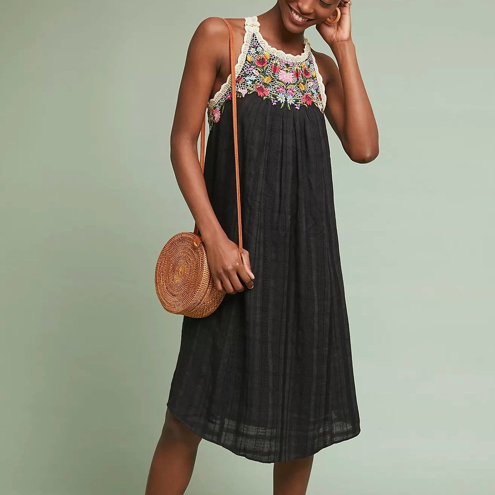 Anthropologie Black Midi Dress with Floral Embroidered Yoke
